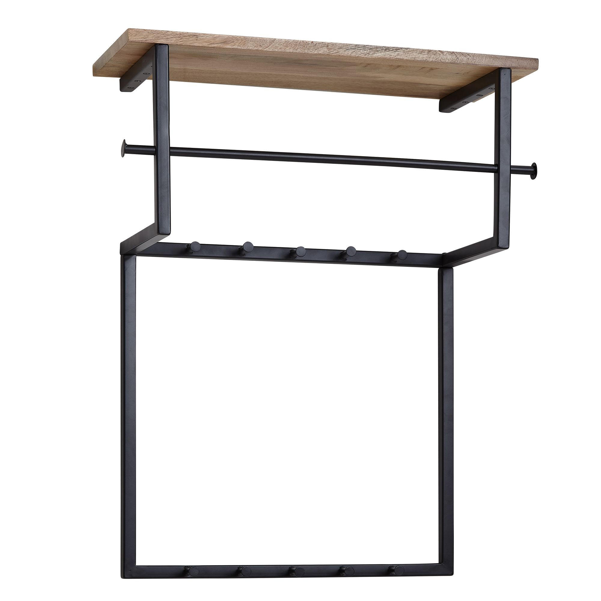 WANDGARDEROBE Massivholz Metall Modern mit 10 Haken, Kleiderstange und Ablage - Schwarz, Holz/Metall (60/76/26cm) - KADIMA DESIGN