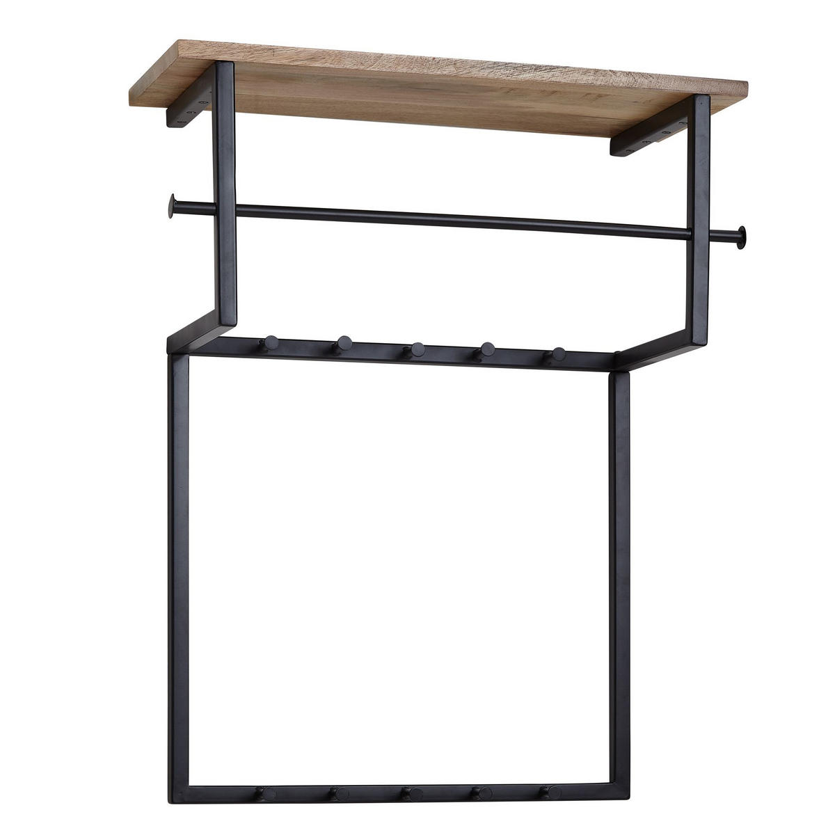WANDGARDEROBE Massivholz Metall Modern mit 10 Haken, Kleiderstange und Ablage - Schwarz, Holz/Metall (60/76/26cm) - KADIMA DESIGN
