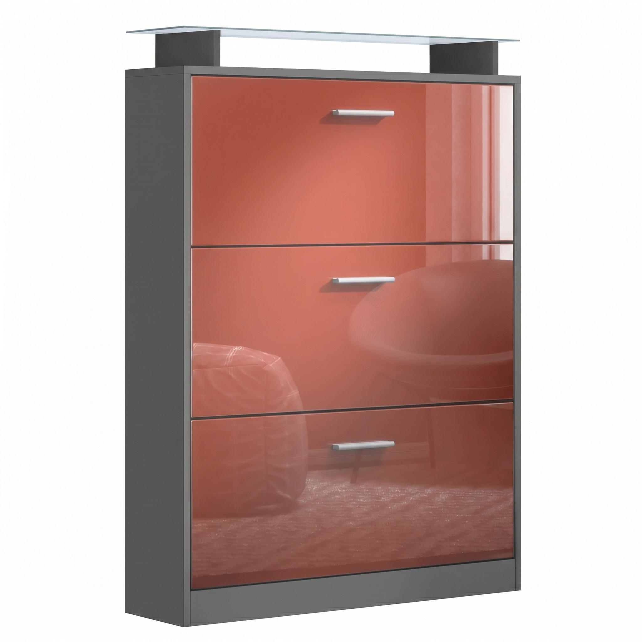 SCHUHSCHRANK Lavia Front in Bordeaux Hochglanz - Bordeaux, Holzwerkstoff (89/128/23cm) - Vladon