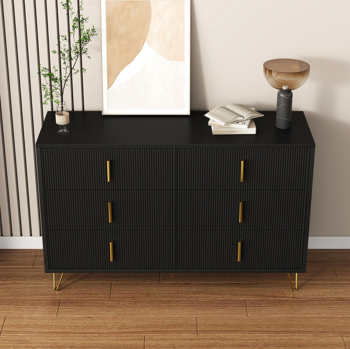 SIDEBOARD 120/40/77 cm Schwarz/Gold aus Spanplatte mit 6 Schubladen - Schwarz, Holzwerkstoff (120/77/40cm) - OKWISH