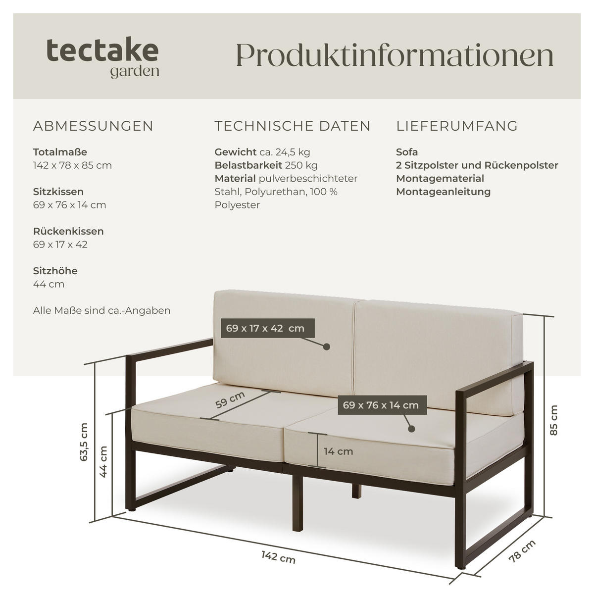 GARTEN-LOUNGESOFA Comosa,142 x 78 x 85 cm,braun/beige - Beige/Braun, Kunststoff (142/85/78cm) - tectake