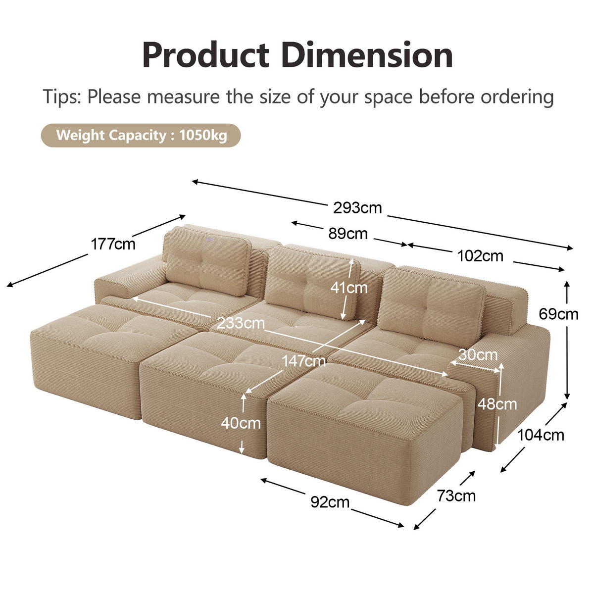 3-SITZER Sofa 293x177x69 cm aus Cordstoff rahmenlos modular mit 3 Hockern, beige - Beige, Textil (177/69/293cm)
