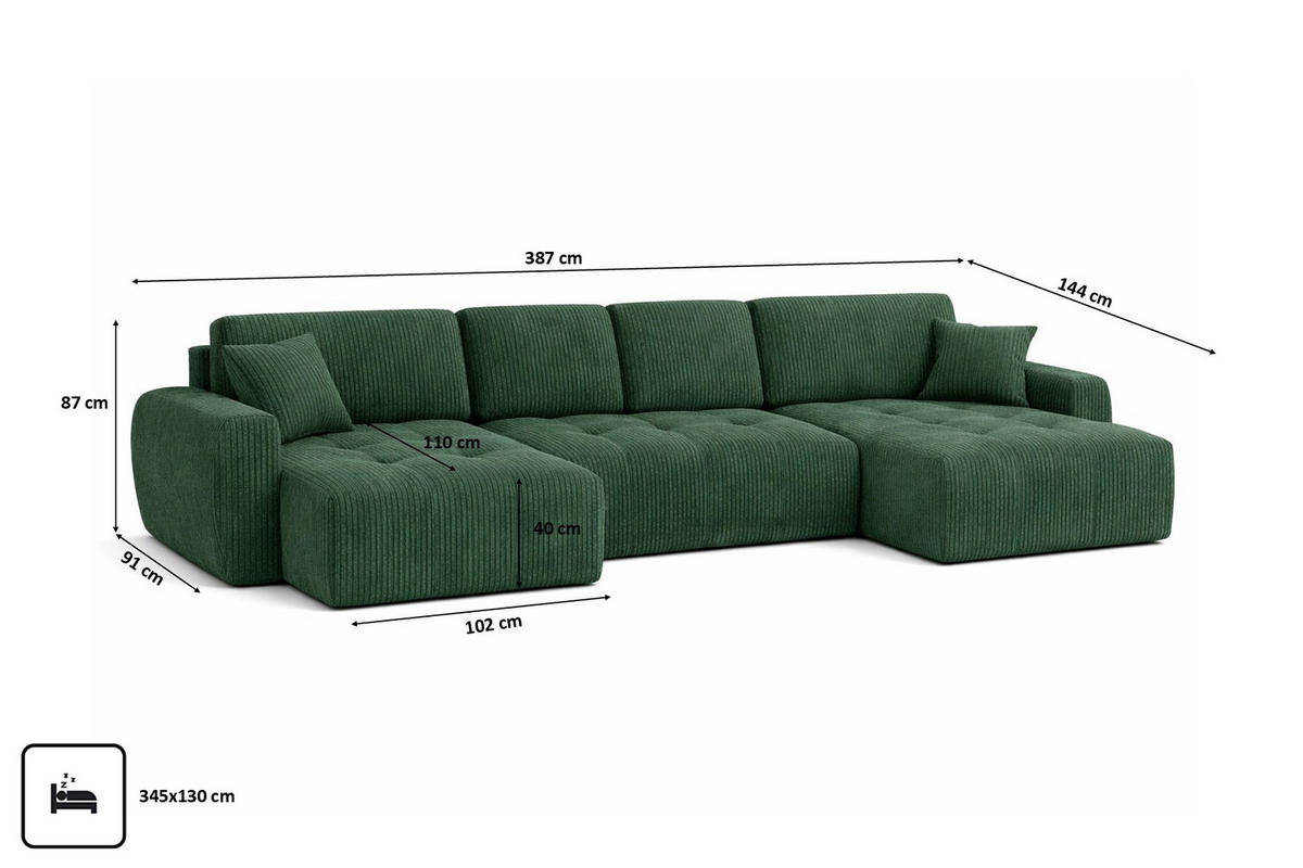 ECKSOFA Mit Schlaffunktion Und Bettkasten U-Form Ivo U XL, Cordstoff Poso, Grün - Grün, Holz (387/144cm) - Kaiser Möbel