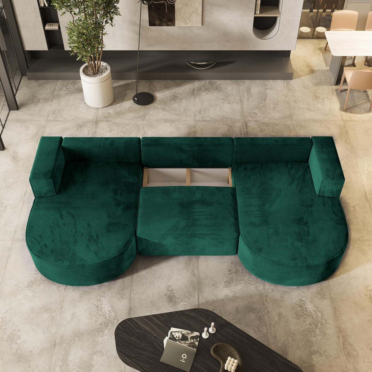 WOHNLANDSCHAFT VEZZO M Grün Velours-Stoff mit Schlaffunktion - Grün, Holz (347/85/174cm) - MASSENO