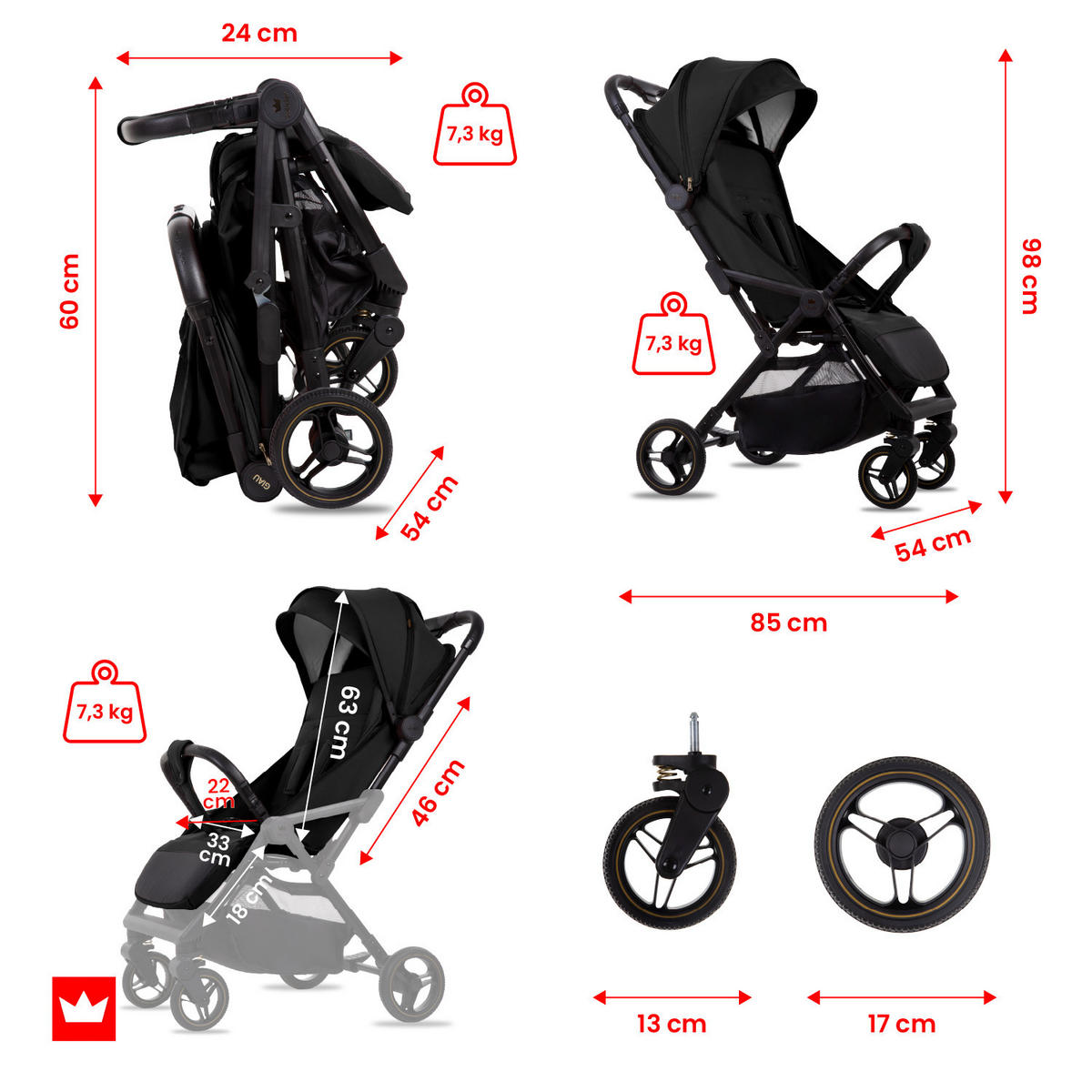 BUGGY Giau, Klein und Leicht, Teleskopische Führung, Kompakt Faltbar, Wickeltasche, Reisetasche - Schwarz, Textil/Metall (58/98cm) - BabyLux