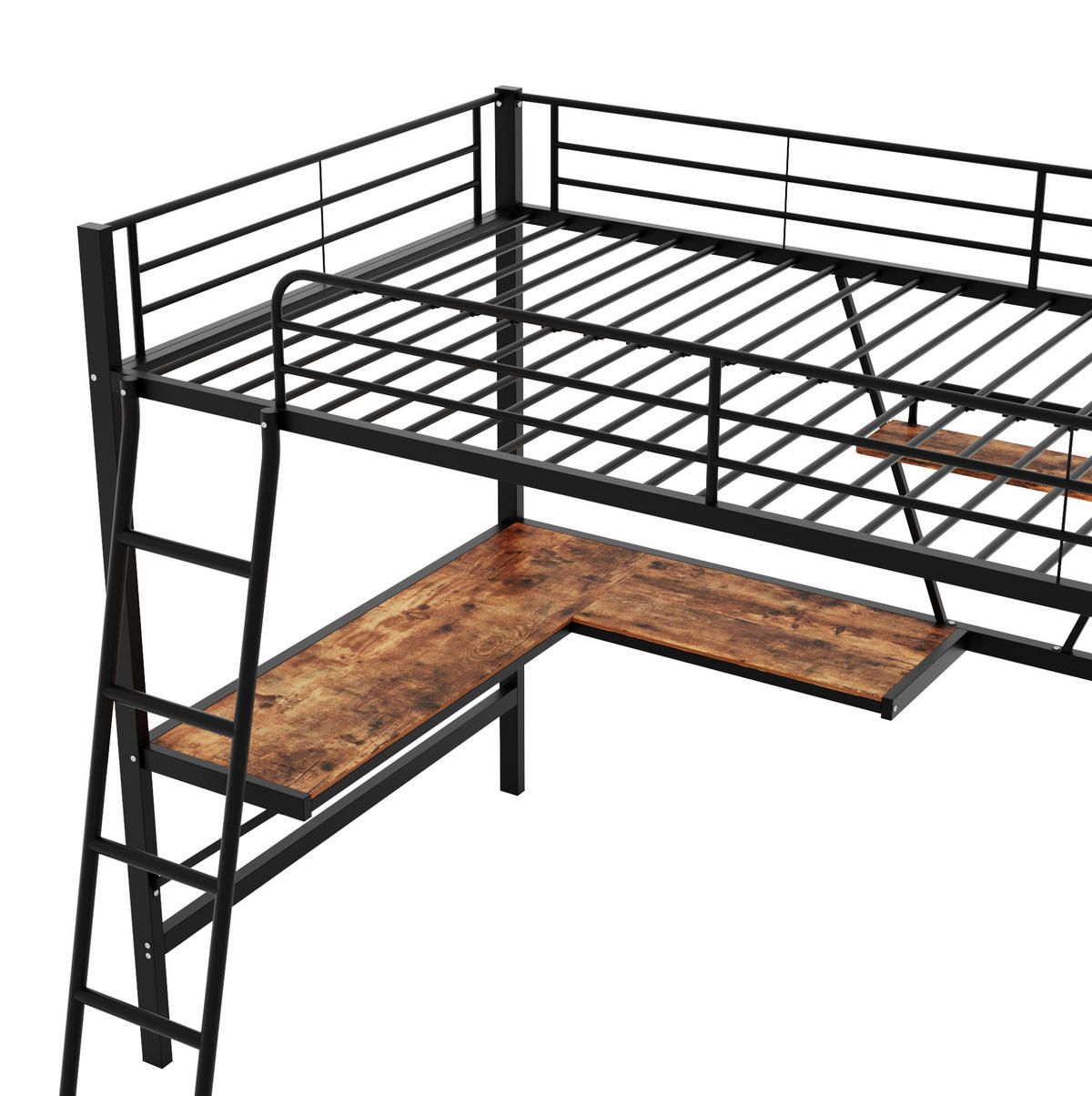HOCHBETT 90/200 cm Schwarz aus Metall mit L-förmigem Schreibtisch und Regal - Schwarz, Metall (90/200cm) - OKMYHOME