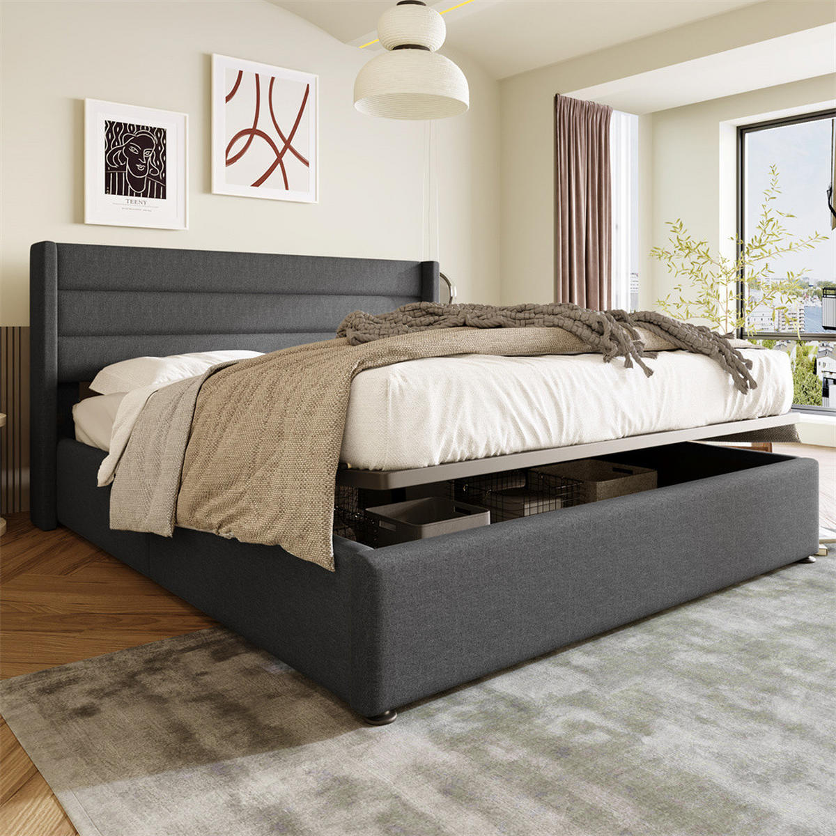 KLÄDD SÄNG 140 x 190 cm med USB-port - Grå, Trä/Textil (140/190cm) - KOMHTOM