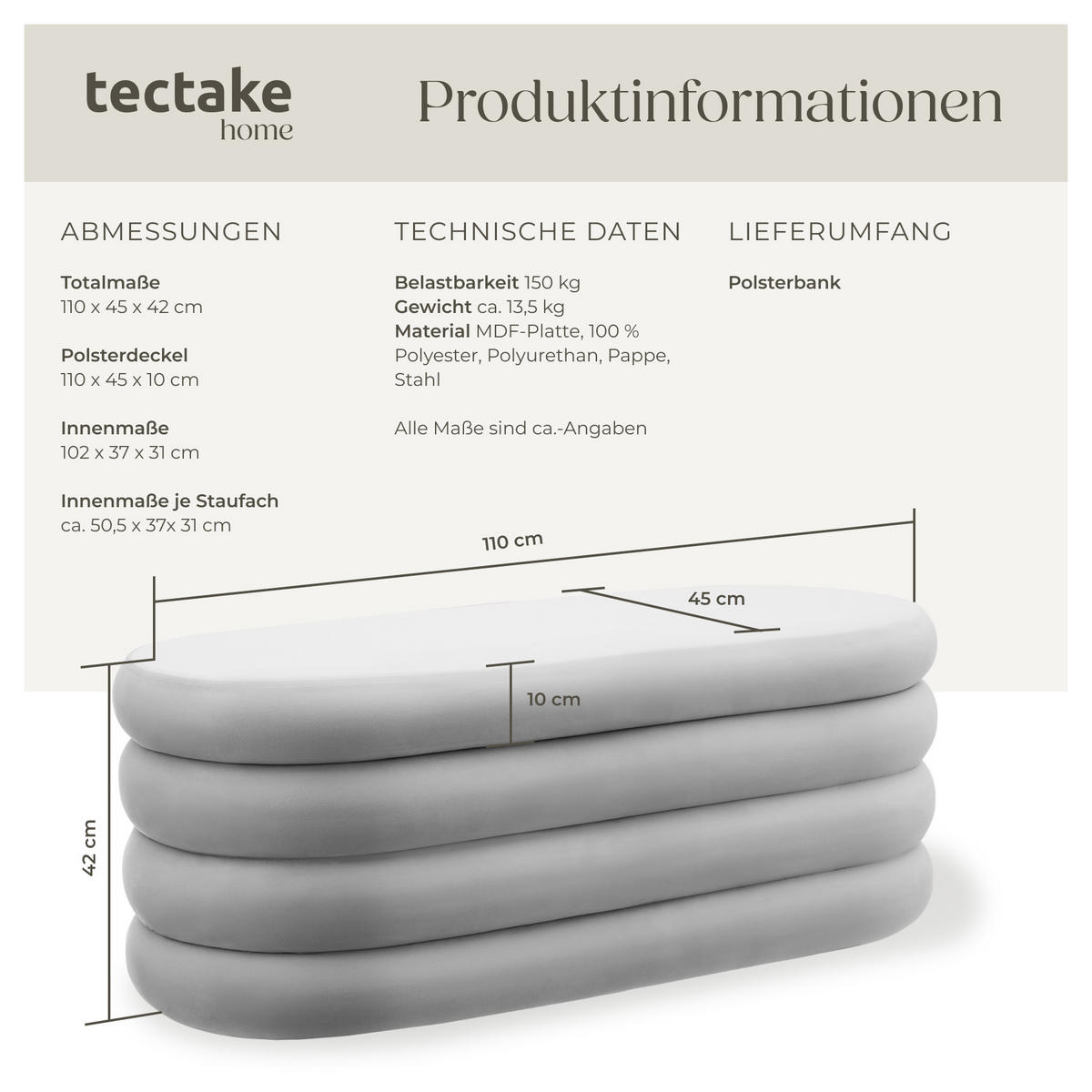 POLSTERBANK Altu,110 x 45 x 42 cm,Samtoptik grau - Samtahornfarben, Holz (110/42/45cm) - tectake