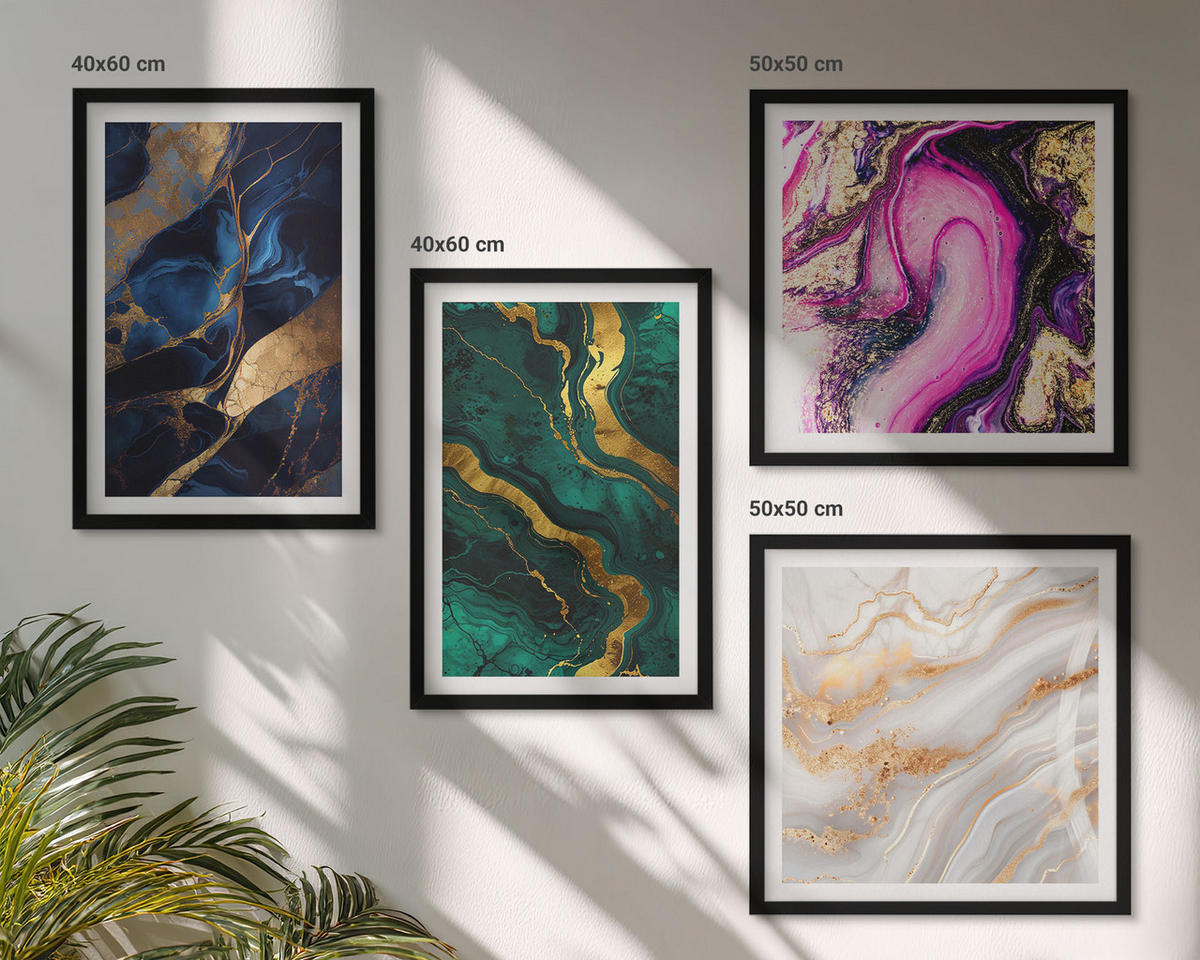 BILDER SET 4er Set - 50x50 cm & 40x60 cm Schwarzer Rahmen - Abstrakter Marmor mit Farben - Schwarz, Kunststoff (50/50cm) - TULUP