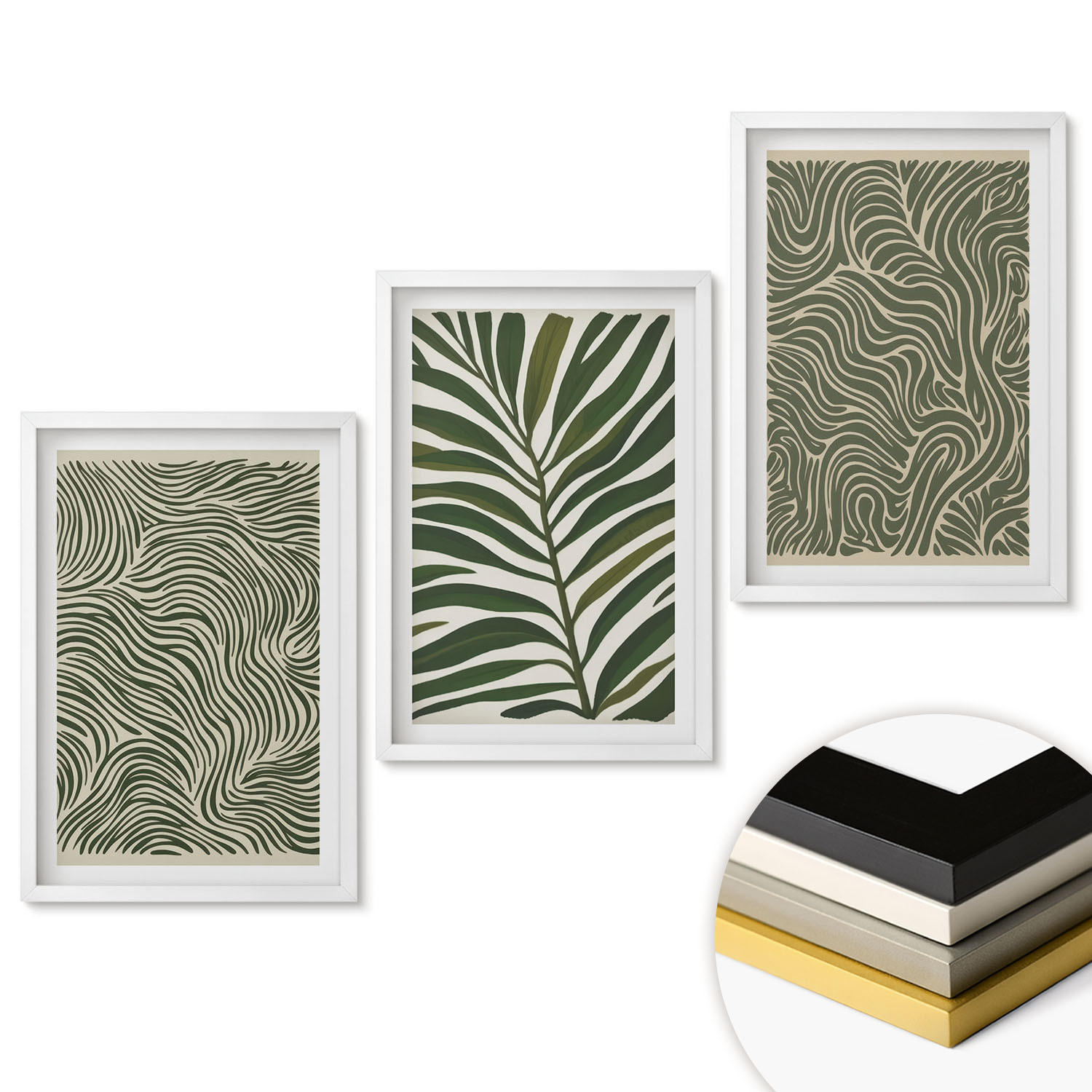 WANDBILDER 3er-Set - 40x60 cm Weißer Rahmen - Blattmuster wellenförmige Formen - Weiß, Kunststoff (40/60cm) - ArtPrintCave