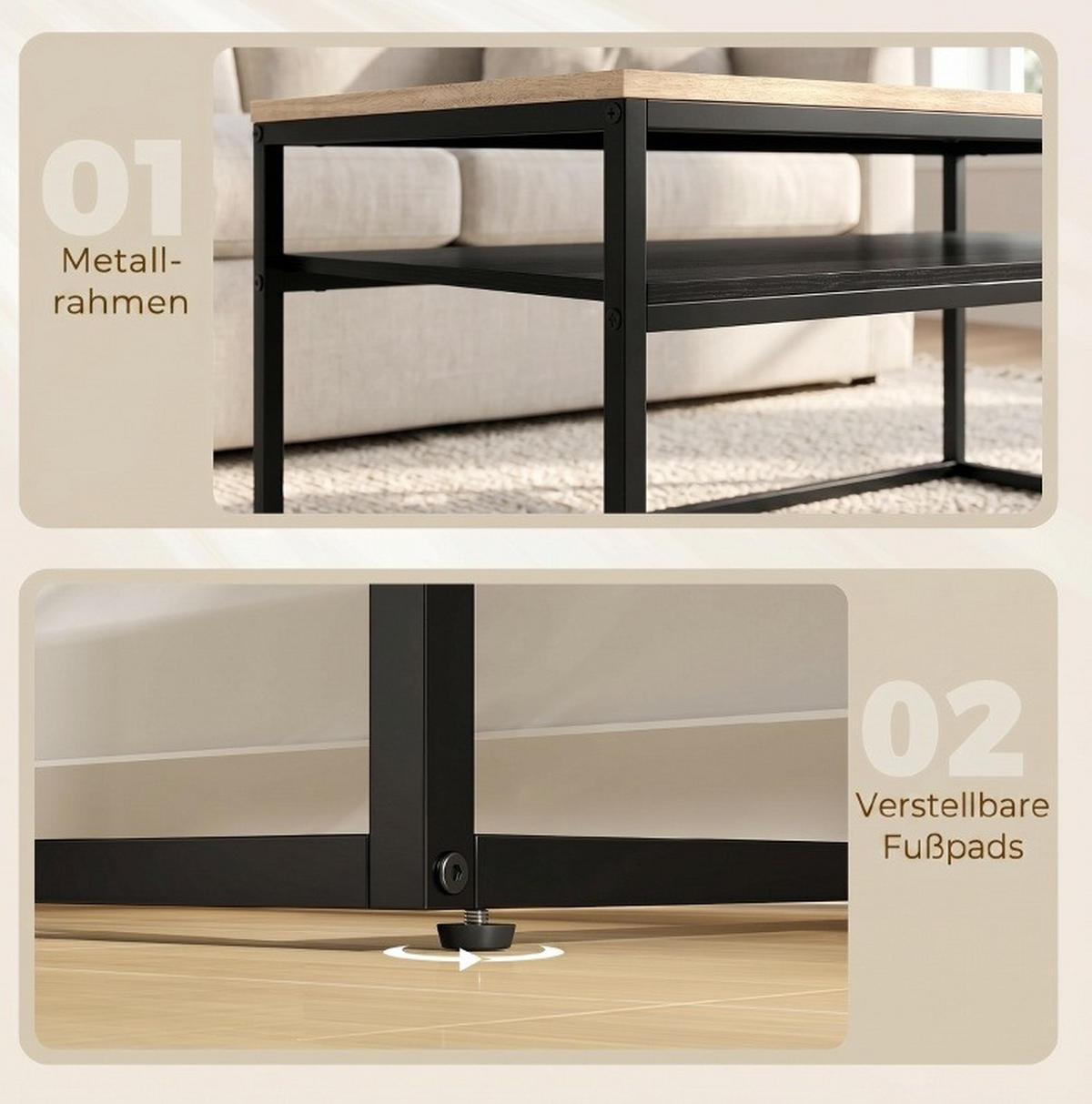 COUCHTISCH aus Spanplatte und Metall 100x59,8x47 cm Eiche/Schwarz mit Ablage - Eichefarben, Holz (100/59.8/47cm) - IVMEU