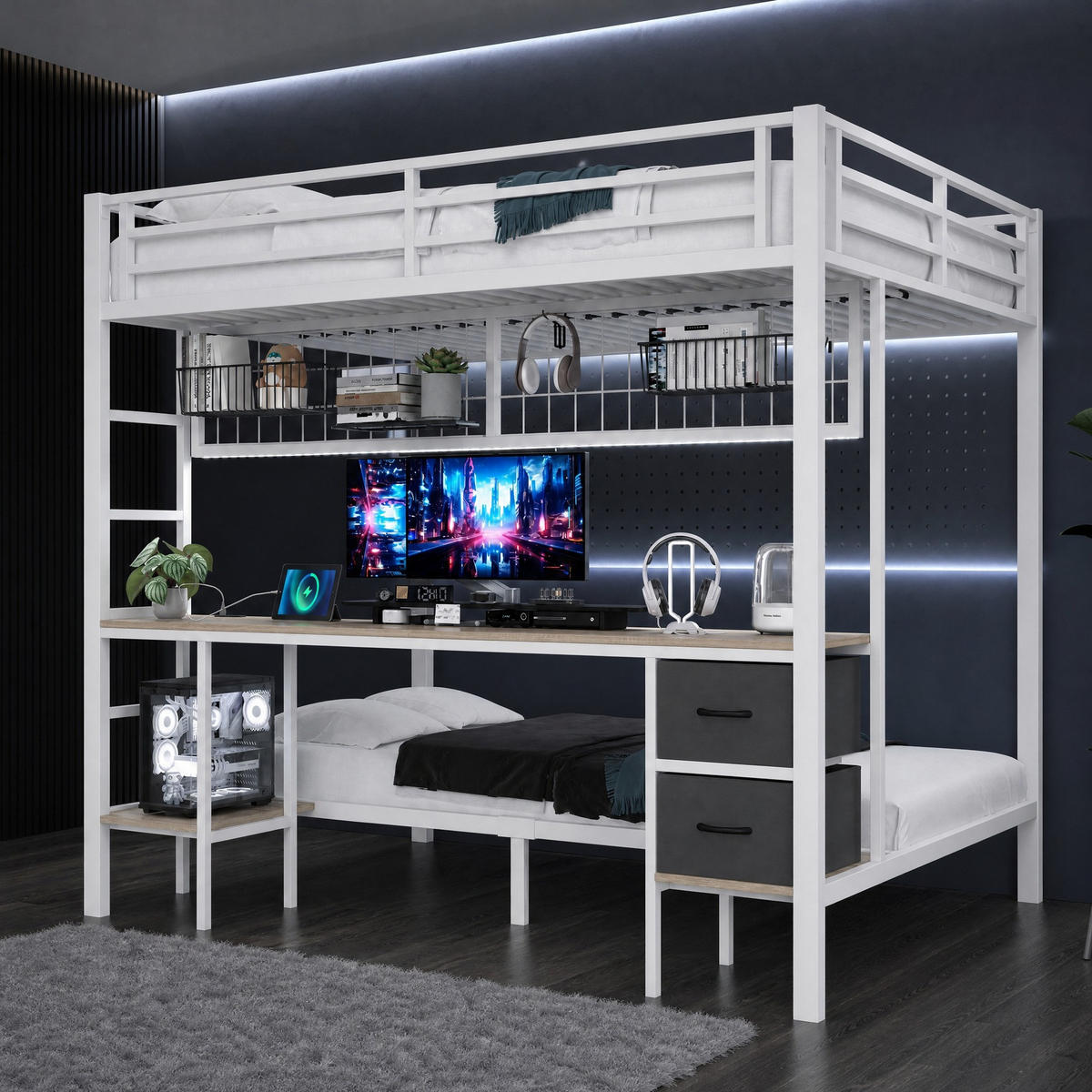 HOCHBETT 90/200+140/200 mit LED, Schreibtisch, USB-Anschluss und Schubladen in Weiß - Weiß, Holz/Holzwerkstoff (90/200cm) - EVRYAE