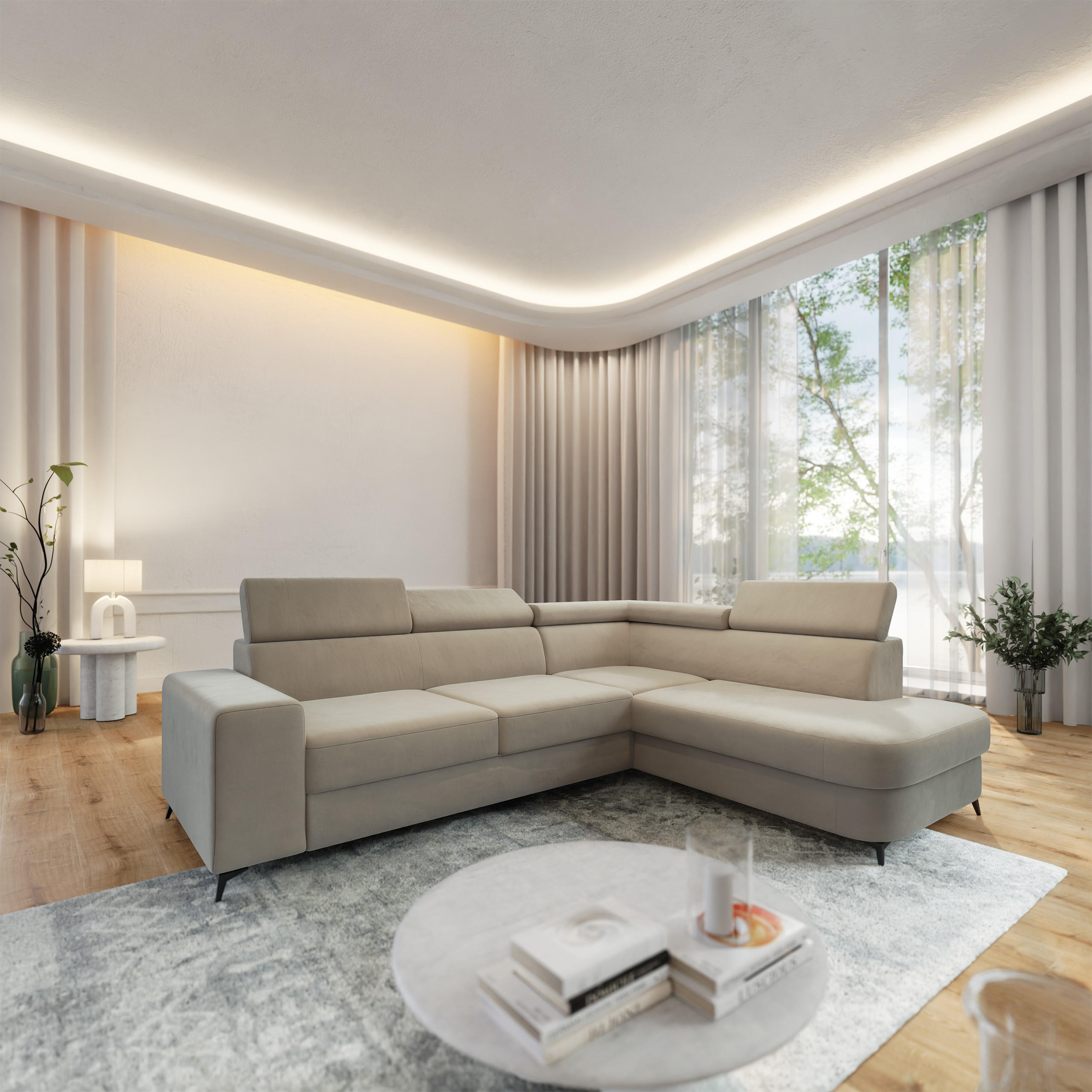 ECKSOFA ALVORO R-S Beige Velours-Stoff mit Schlaffunktion - Beige, Holz (253/190cm) - MASSENO