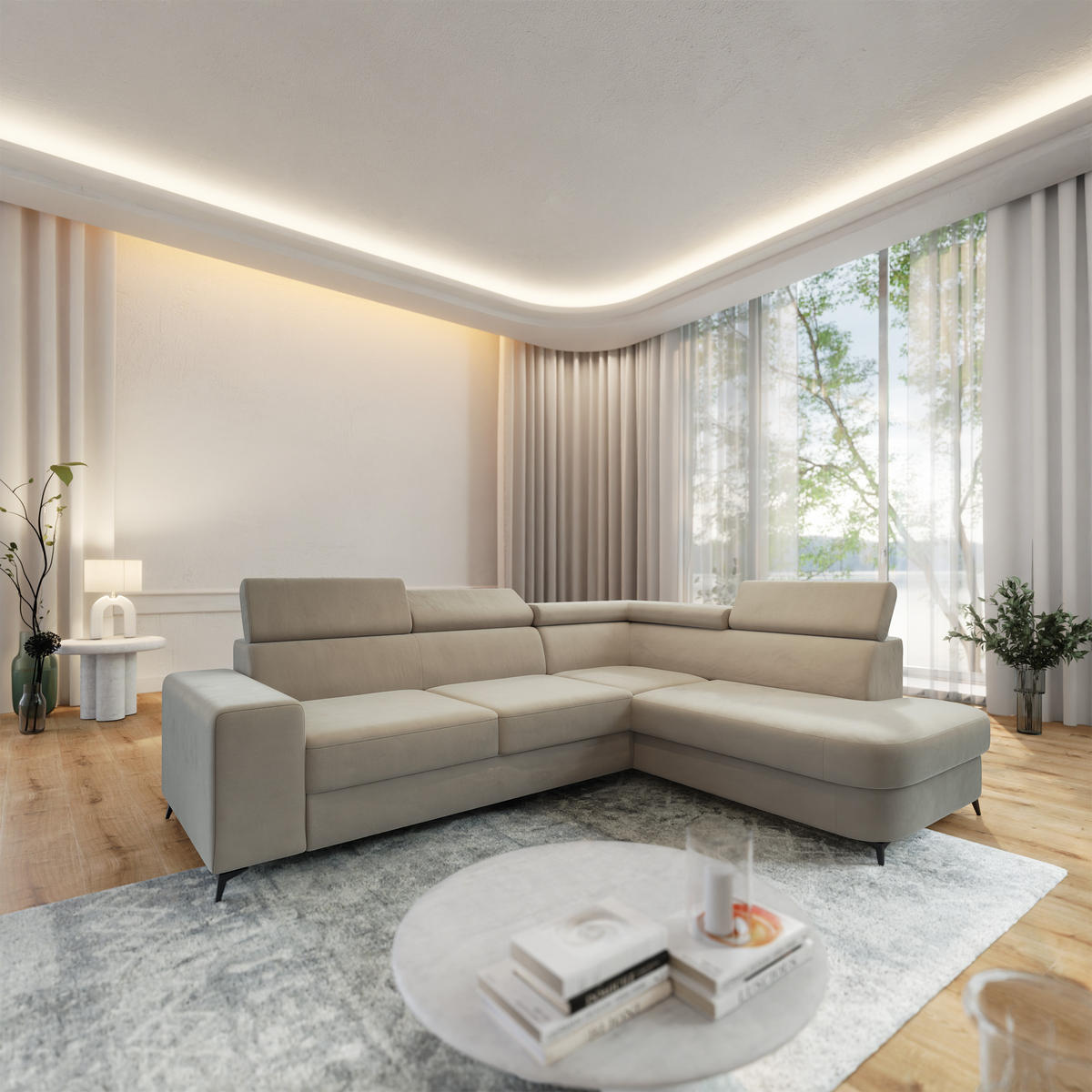 ECKSOFA ALVORO R-S Beige Velours-Stoff mit Schlaffunktion - Beige, Holz (253/190cm) - MASSENO