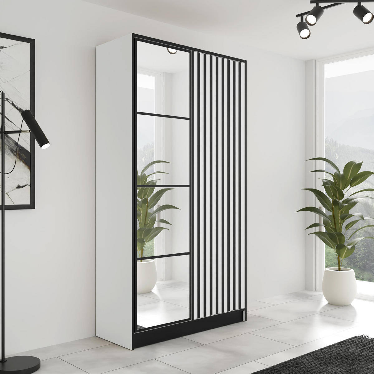 KLEIDERSCHRANK EDEN 2-Türen v3 - 105x205x39cm - Weiß - Schwarz/Weiß, Holzwerkstoff (105/205/39cm) - Kier Furniture