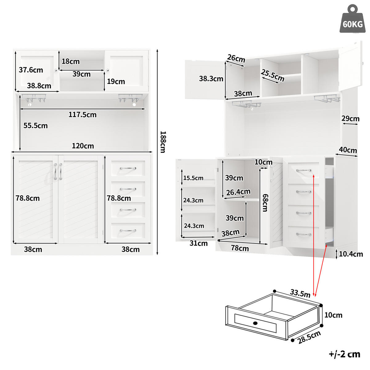 BUFFET 120/188/40 cm Weiß aus MDF mit LED-Beleuchtung - Weiß, Holzwerkstoff (40/188/120cm) - OKMYHOME