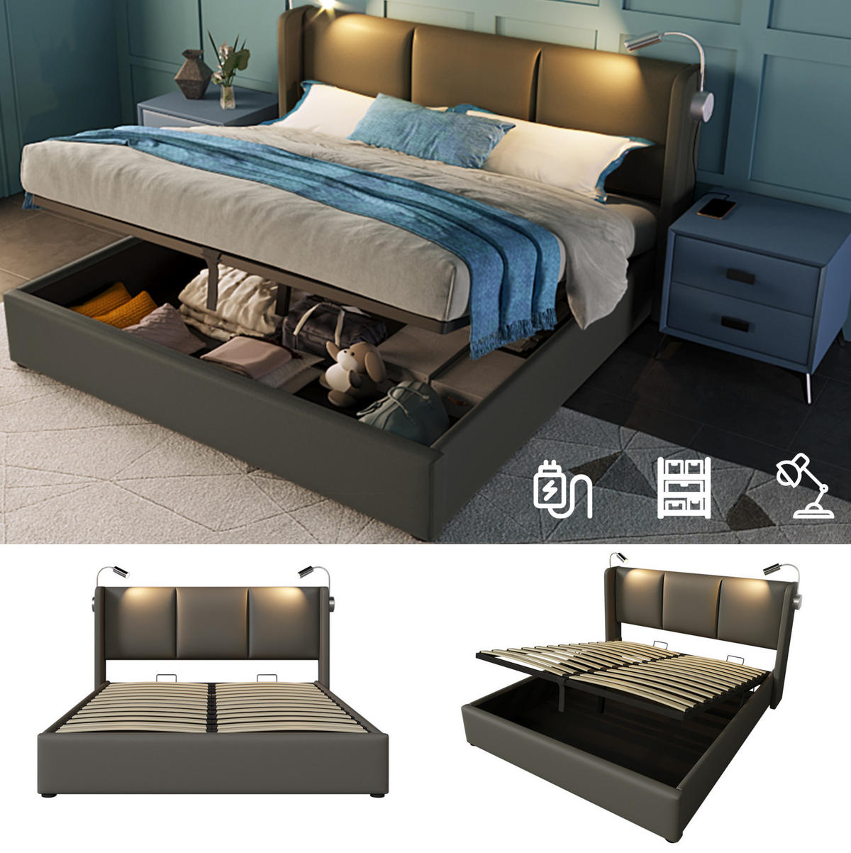 POLSTERBETT mit Bettkasten 140/200 cm, mit Leselicht & USB-Ladefunktion - Grau, Kunststoff (140/200cm) - BEAOK