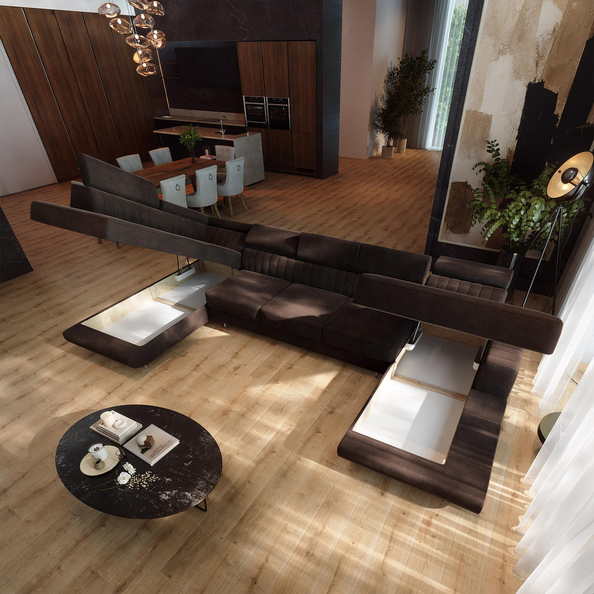 WOHNLANDSCHAFT GAIAN Braun Velours-Stoff mit Schlaffunktion - Braun, Holz (412/88/190cm) - MASSENO