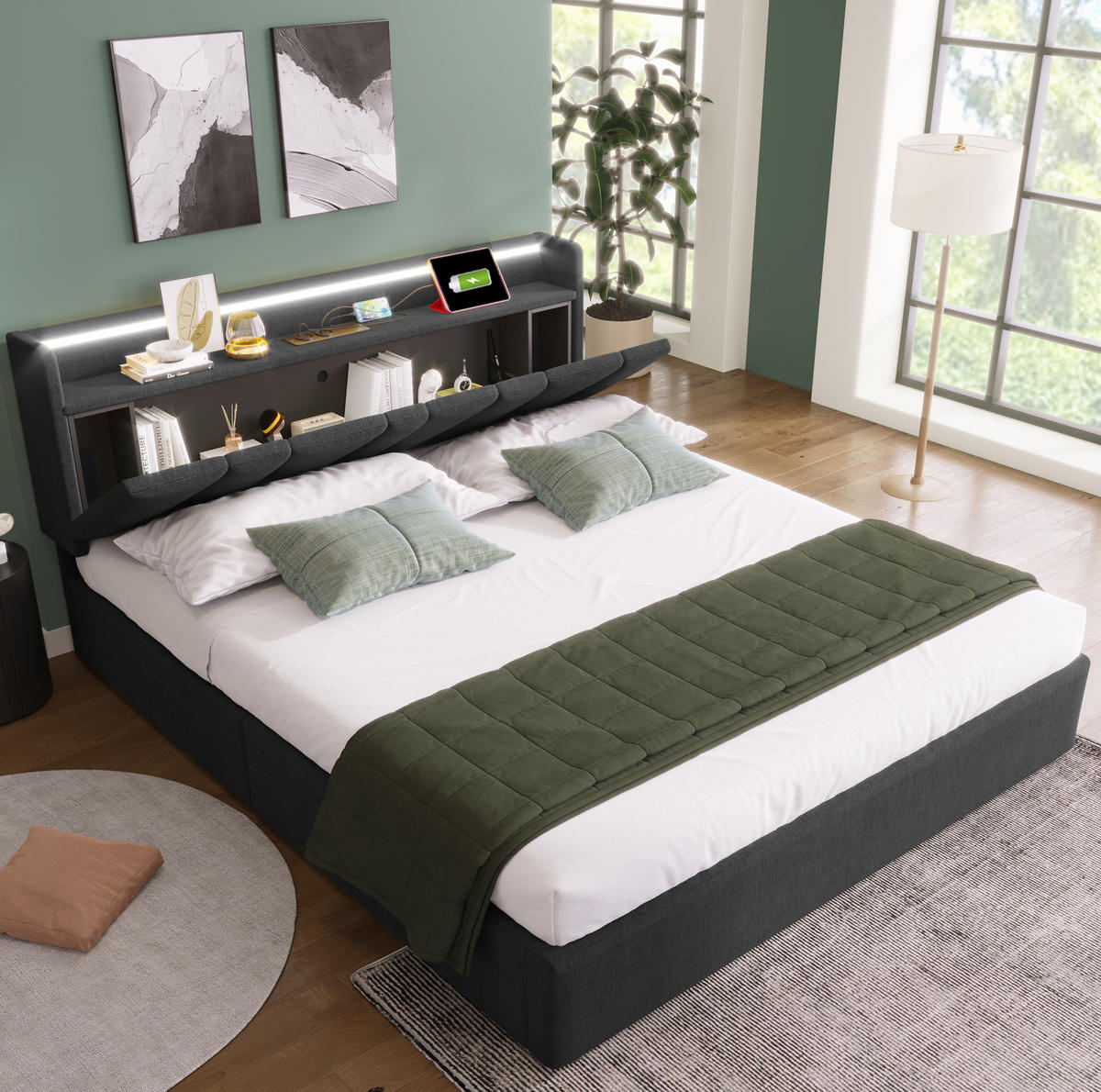 POLSTERBETT aus Leinen 140x200 cm Grau mit Matratze, Stauraum, LED-Beleuchtung und USB-Anschlüssen - Grau, Textil (140/200cm) - IVMEU
