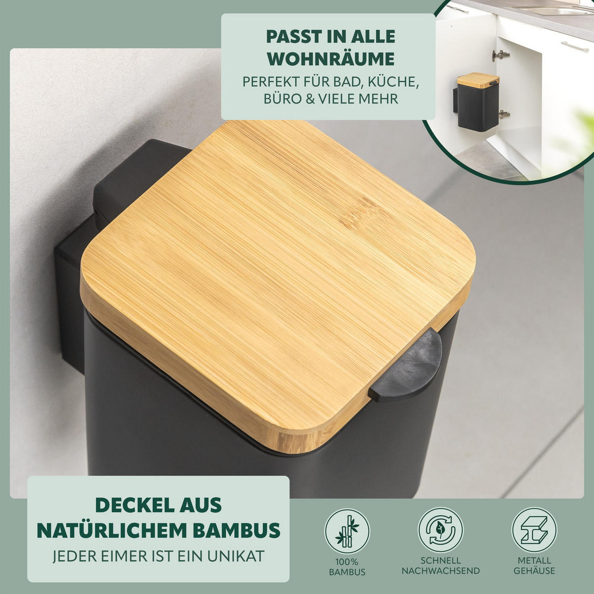 WAND-KOSMETIKEIMER 3 L, eckig, schwarz - Schwarz, Metall (16/24/23cm) - bremermann