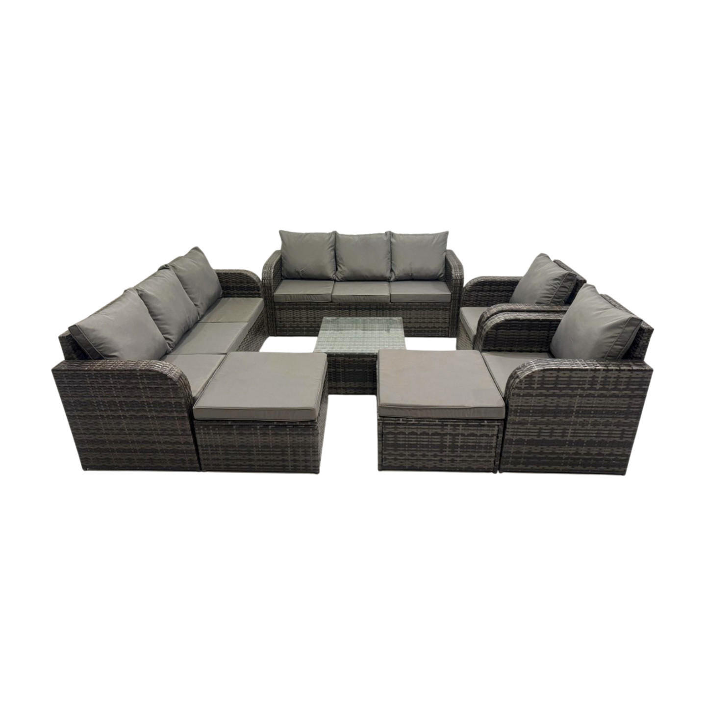 GARTENMÖBEL SET mit 3-SITZER SOFA Polyrattan Dunkelgrau 10-Sitzer - Dunkelgrau/Grau, Glas/Kunststoff - Fimous