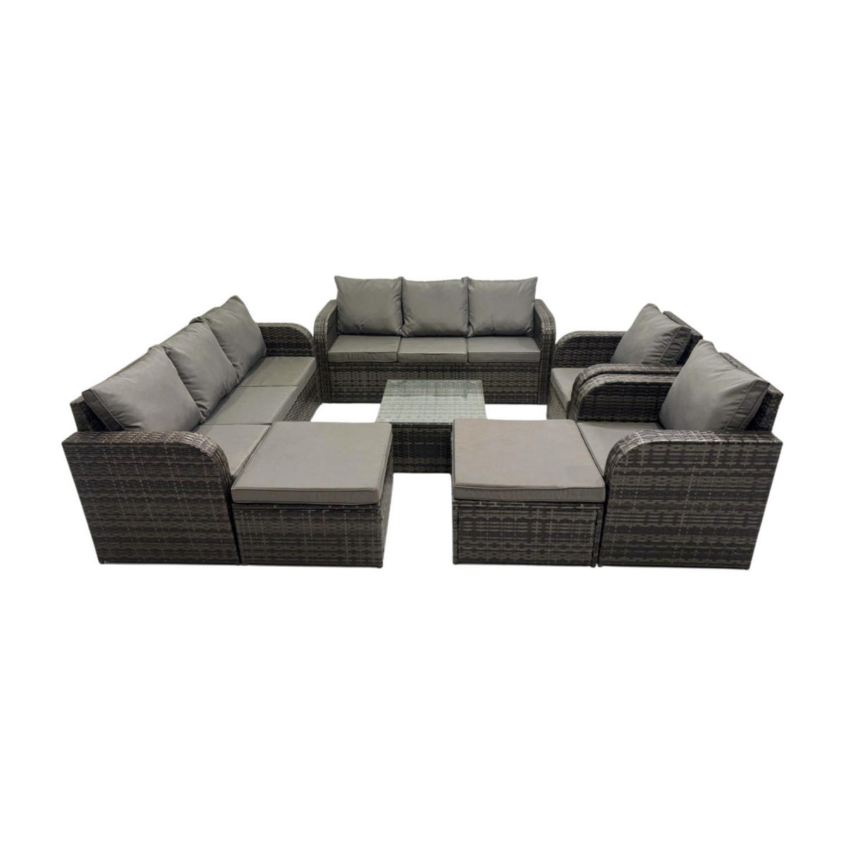 GARTENMÖBEL SET mit 3-SITZER SOFA Polyrattan Dunkelgrau 10-Sitzer - Dunkelgrau/Grau, Glas/Kunststoff - Fimous