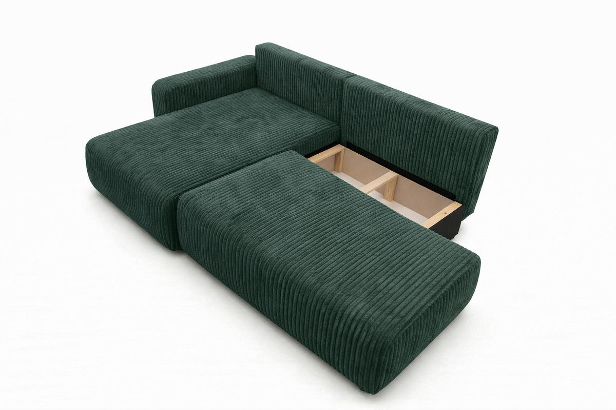 ECKSOFA Mit Schlaffunktion Und Bettkasten, Cordstoff Tilia, Grün, Links, OPEN XL - Grün, Holz (262/145cm) - Kaiser Möbel