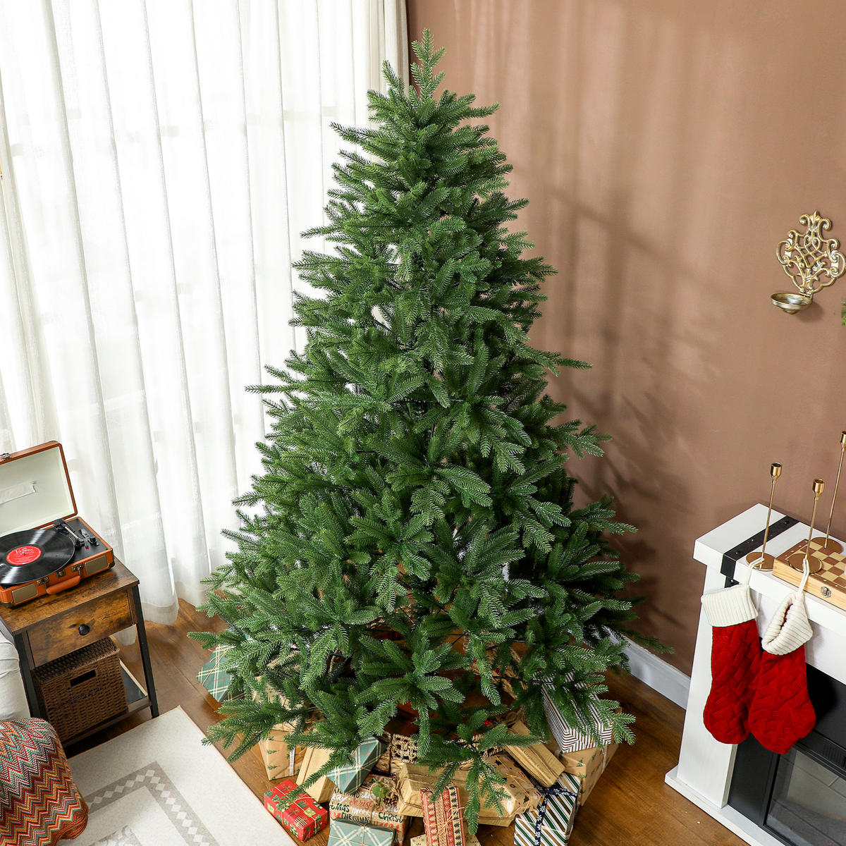 WEIHNACHTSBAUM künstlich 210 cm Christbaum mit 1105 Zweigen, Kiefernholzsockel - Grün, Kunststoff (210cm) - HOMCOM