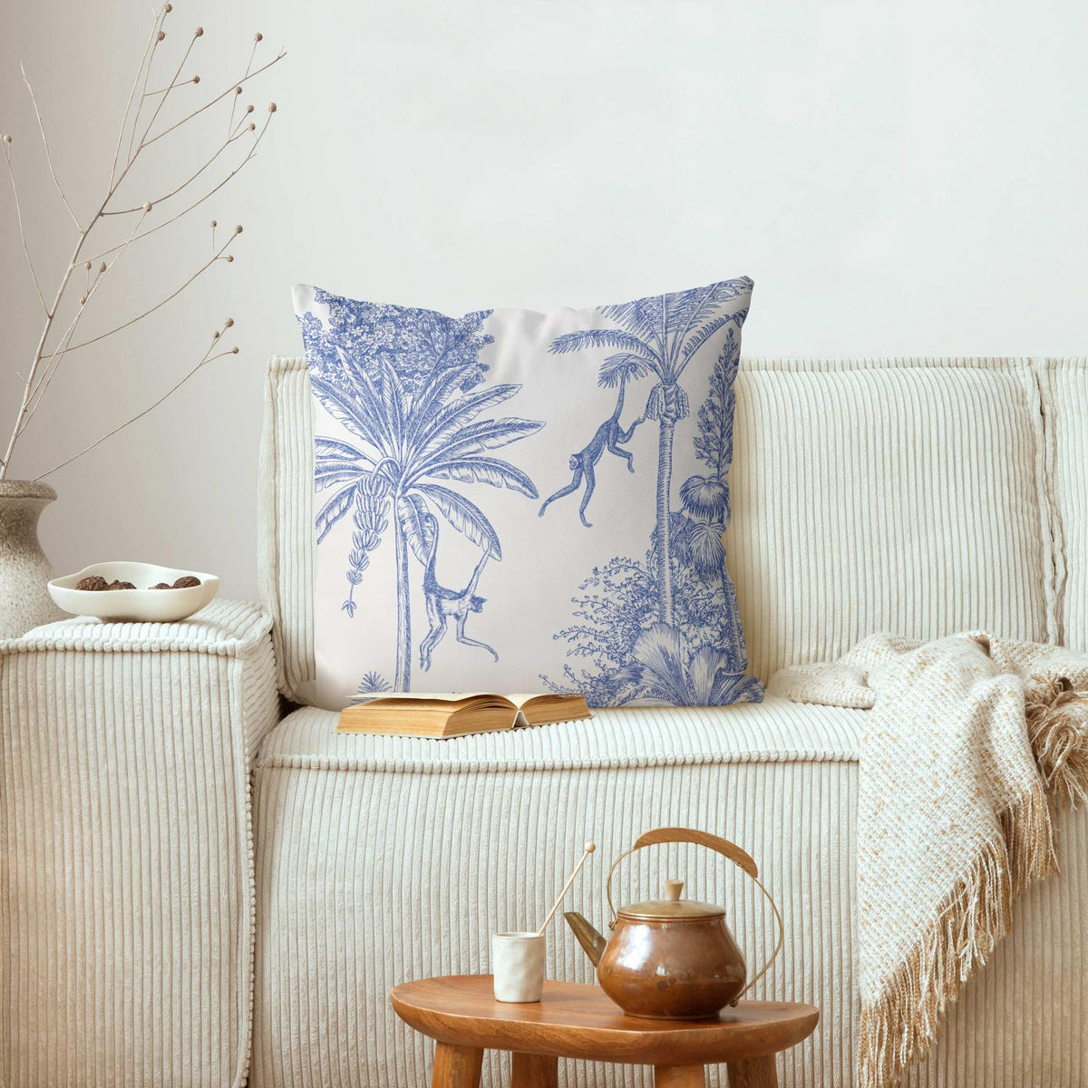 KISSENBEZUG Kupferstichanmutung - Affen in Blau 40/40 cm - Blau, Textil (40/40cm) - Bilderwelten