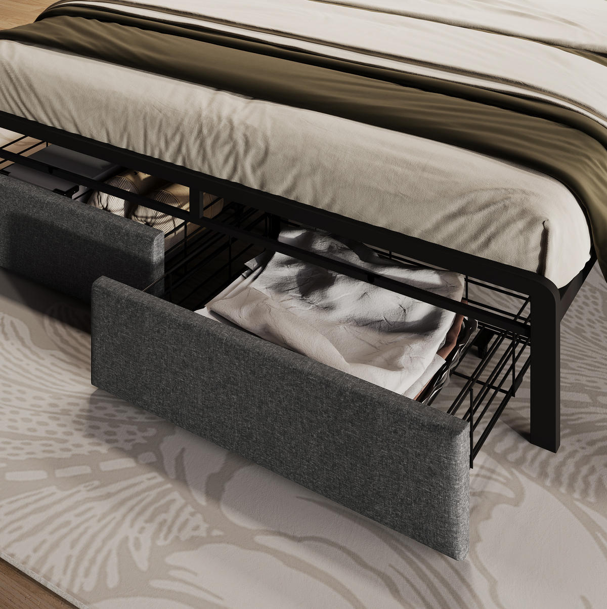 POSTEĽ s úložným priestorom 140/200 cm, sivá, ľan, s LED osvetlením a USB-C - sivá, textil (160/200cm) - BEAOK