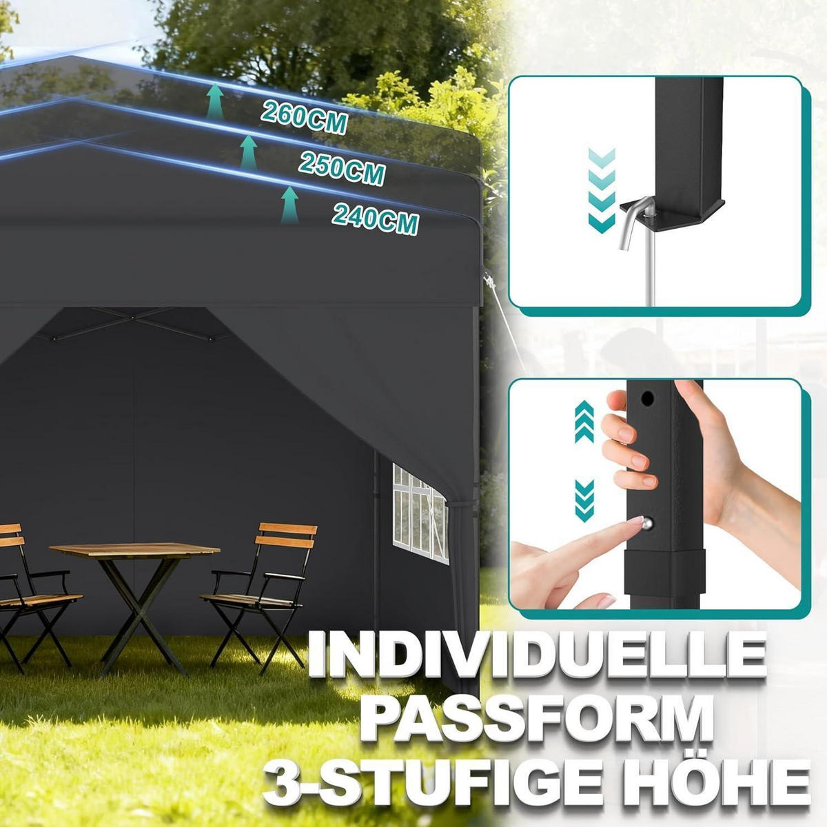 FALTPAVILLON 300 x 300 cm Anthrazit mit Seitenwänden - Anthrazit, Textil (300/260/300cm)