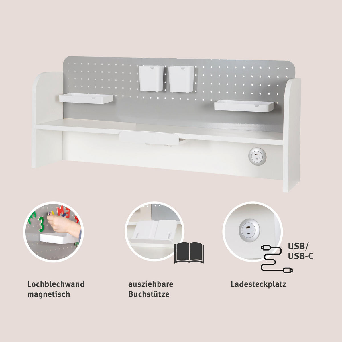 ÍRÓASZTAL-FELÉPÍTMÉNY Smart Grow - fehér/szürke, faalapú anyag/fém (25/102/50cm) - Roba