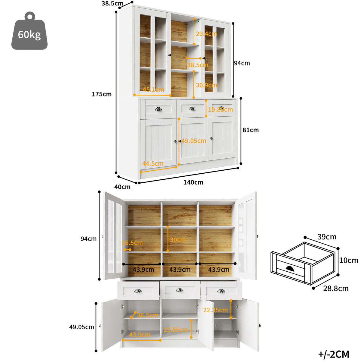 BUFFET 140/175/38,5 cm Weiß aus Acryl und MDF mit Kippschutz - Weiß, Holzwerkstoff (38.5/175/140cm) - OKMYHOME