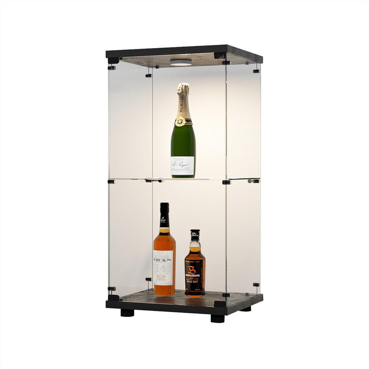 VITRINE - Glasvitrine mit 1 Tür und 2 Ebenen - integrierte LED-Spot-Beleuchtung - Schwarze Decken- und Bodenplatte - Schwarz, Glas (40.35/86.2/36.5cm) - DELFA
