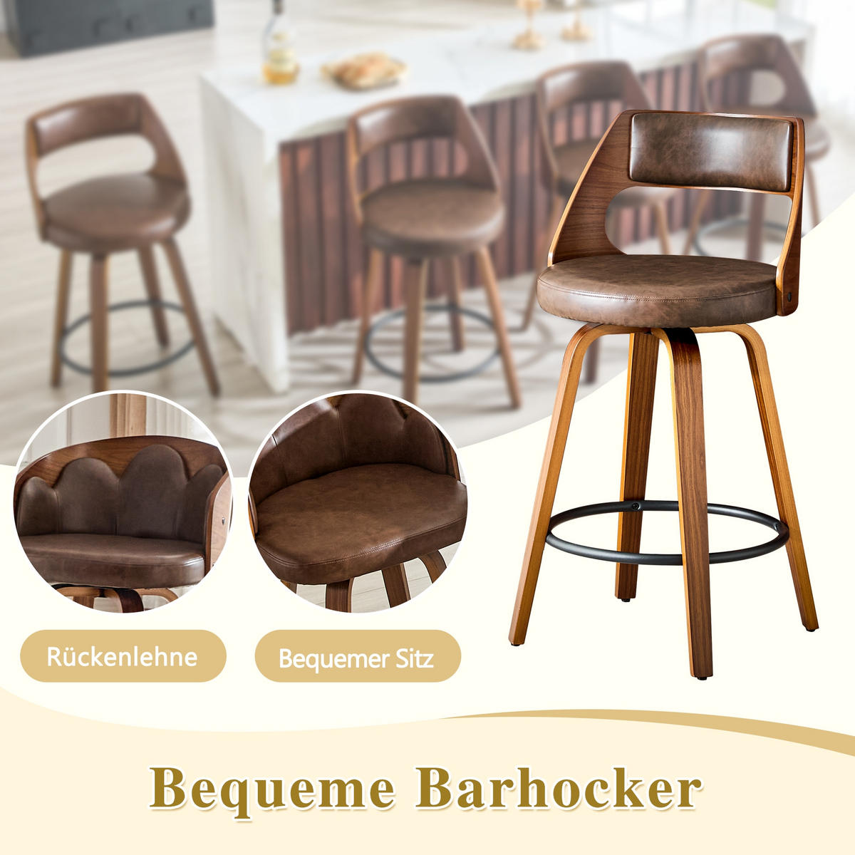 BARHOCKER Braun 2er-Set mit Holzgestell PU-Leder und Rückenlehne - Braun, Holz (47/92/47cm) - PANGIVO