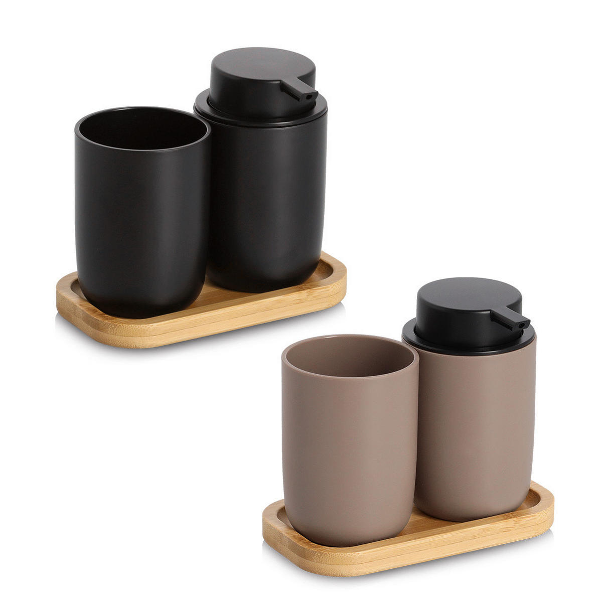 BAD-ACCESSOIRES-SET Zahnputzbecher und Seifenspender 16,5/9/13,5 cm - Braun, Naturmaterialien (9/13.5/16.5cm) - ZELLER