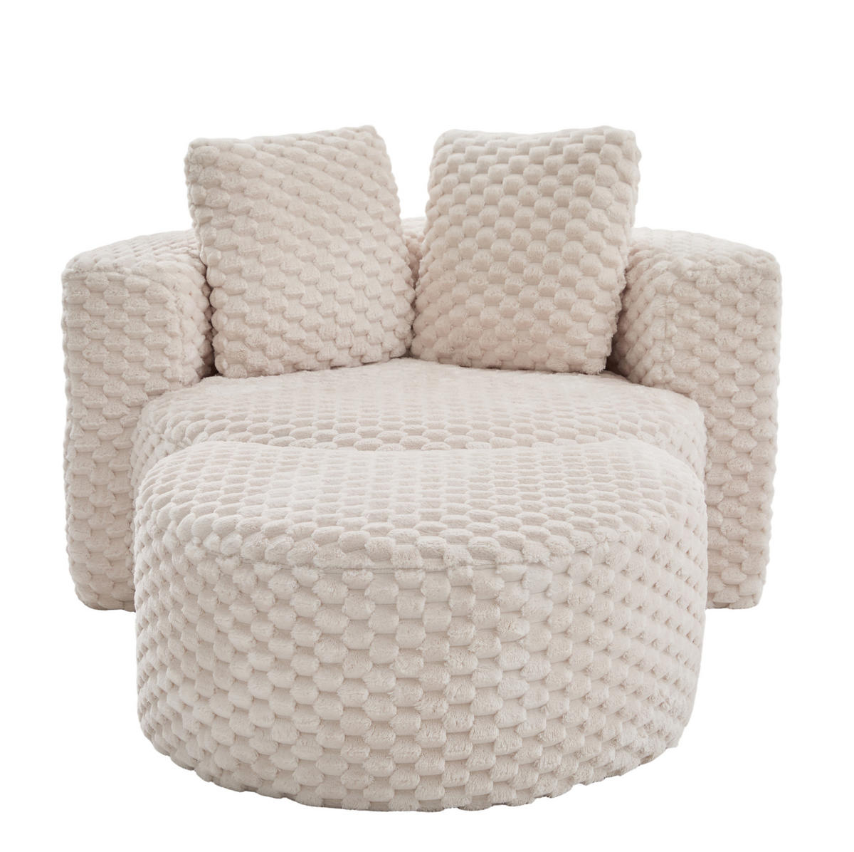 SESSEL aus Stoff 129x116x65 cm Beige mit Hocker, 360°-Fassdesign und weichem Kunstfellbezug - Beige, Textil (129/65/116cm) - Modfu