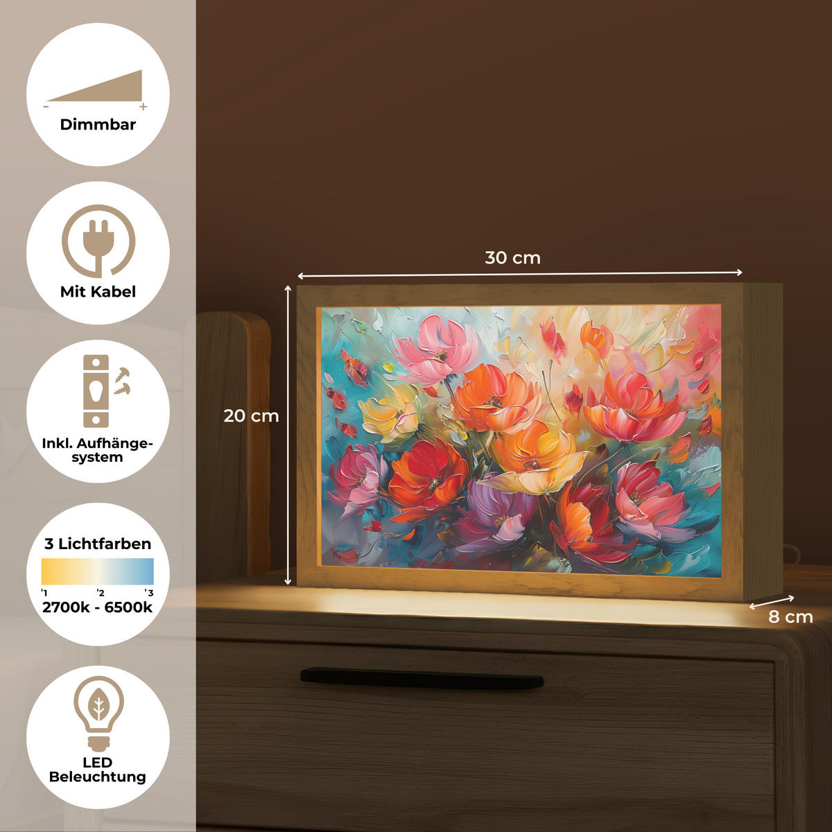 STOLNÍ LAMPA Květiny - barevné - malba - abstraktní - umění 30x20 cm - barva hliníku, kompozitní dřevo (8/30/20cm) - OnlyWow