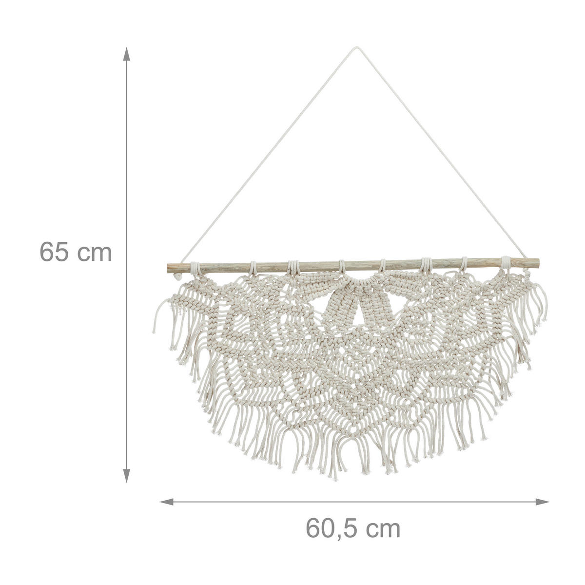 MAKRAMÉ nástenný dekor - krémová, drevo/textil (60.5/1.5cm) - Relaxdays