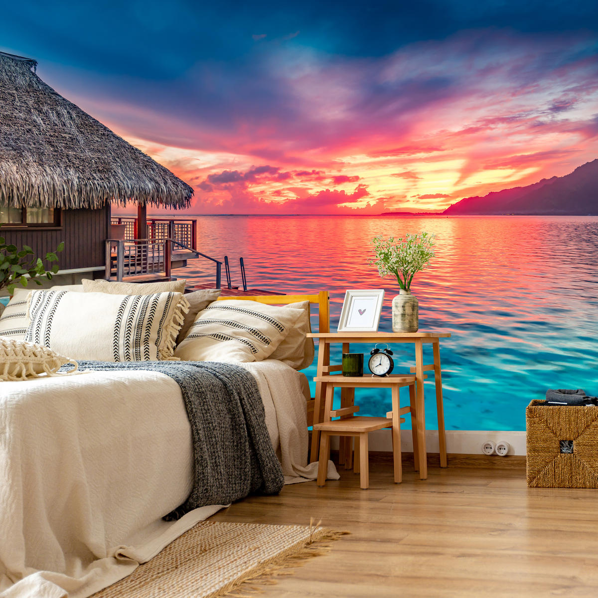 FOTOTAPETE für Wohnzimmer Sonnenuntergang Ozean Holzhütte 200x140 - Türkis/Blau, Papier (200/140cm) - Muralo