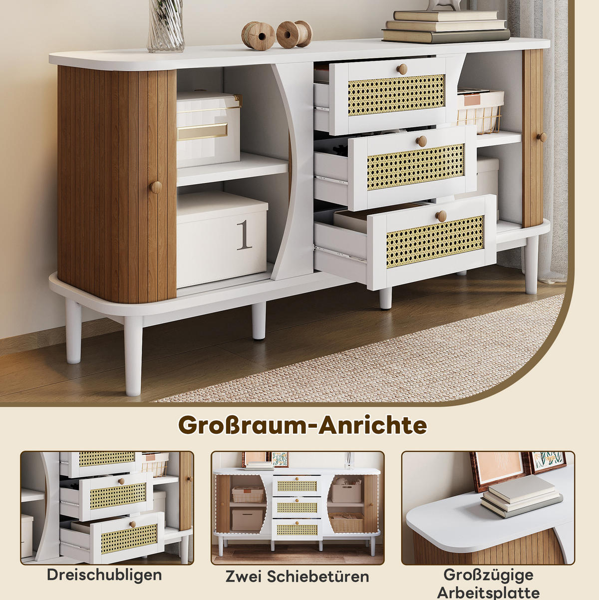 SIDEBOARD 140,5/40/76 cm mit 2 Türen & 3 Rattanschubladen in Weiß/Holzfarbe - Weiß, Holzwerkstoff (140.5/76/40cm) - BEAOK