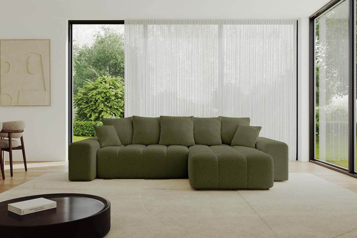 ECKSOFA Ottomane rechts ENIL-L 297x189x68 Grün Bouclé - Olivgrün, Holzwerkstoff/Kunststoff (189/297cm) - ALTDECOR