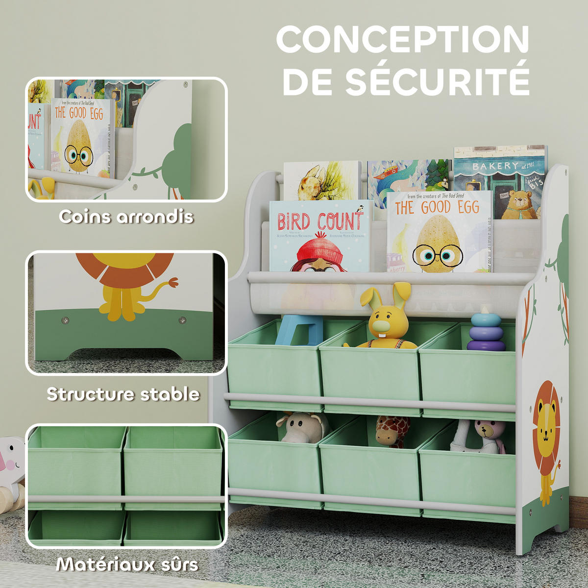 KINDERREGAL DE-17289 6 Stoffschubladen & 2 Ebenen Grün - Grün, Holzwerkstoff (63/71/30cm) - ComfortXL