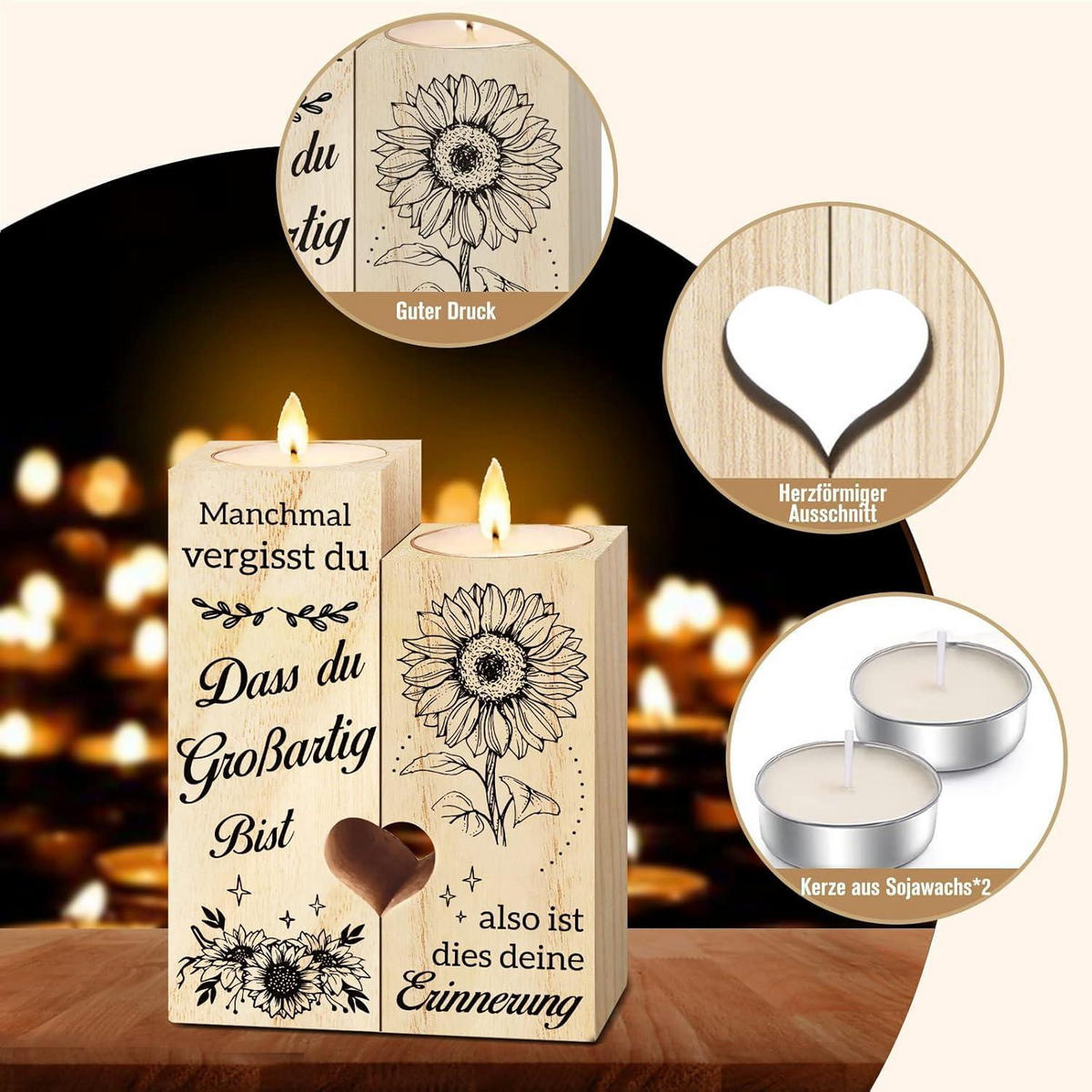 KERZENSTÄNDER Holz mit Spruch 12 cm - Braun, Holz (4/12/9cm)