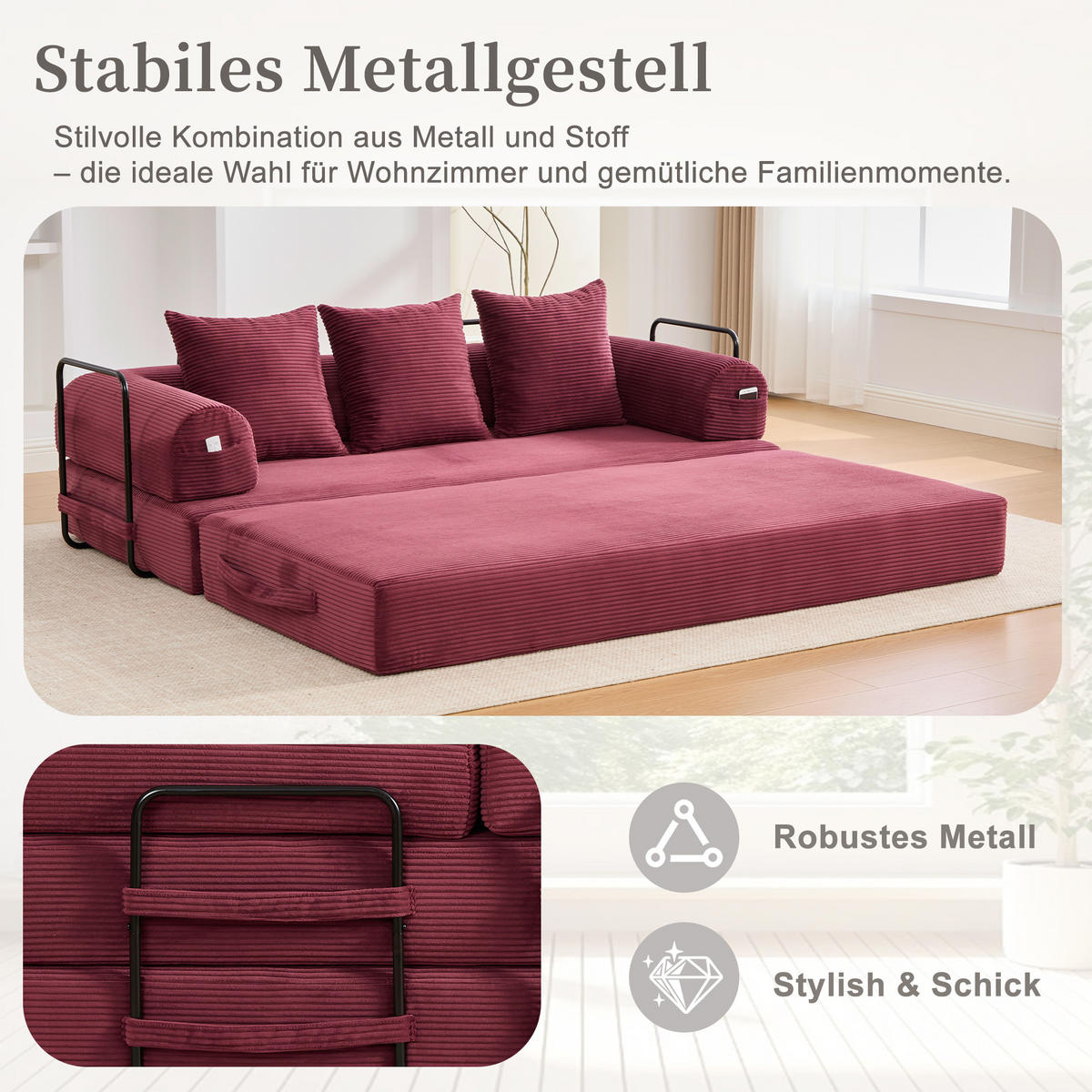 SCHLAFSOFA, Modulares Tagesbett mit Metallgestell, Klappbares Bodensofa Cordstoff, Weinrot - Weinrot, Textil (94/67/200cm) - LVHOM