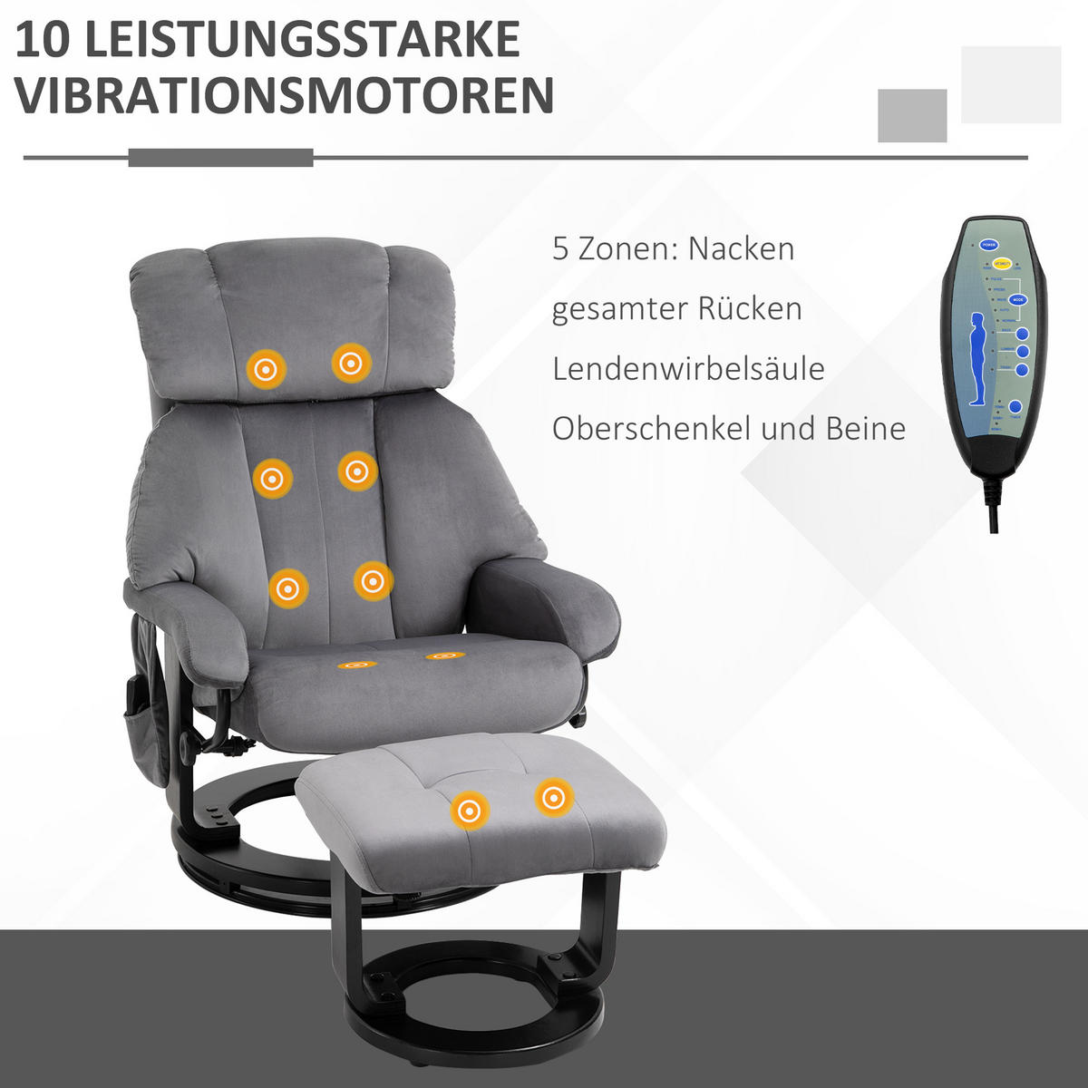 MASSAGESESSEL inkl. Hocker Fernsehsessel drehbar Relaxsessel Samt-Touch Grau - Schwarz/Grau, Textil/Metall (80/102/76cm) - HOMCOM