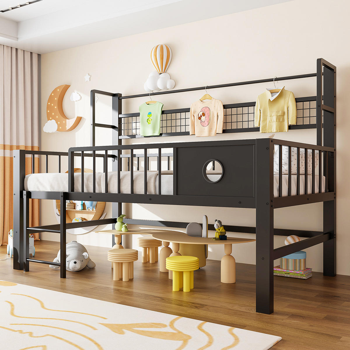 KINDEREINZELBETTEN aus Metall 90x200 cm in Schwarz mit Sicherheitsgitter & Stauraum - Schwarz, Metall (90/200cm) - Modfu