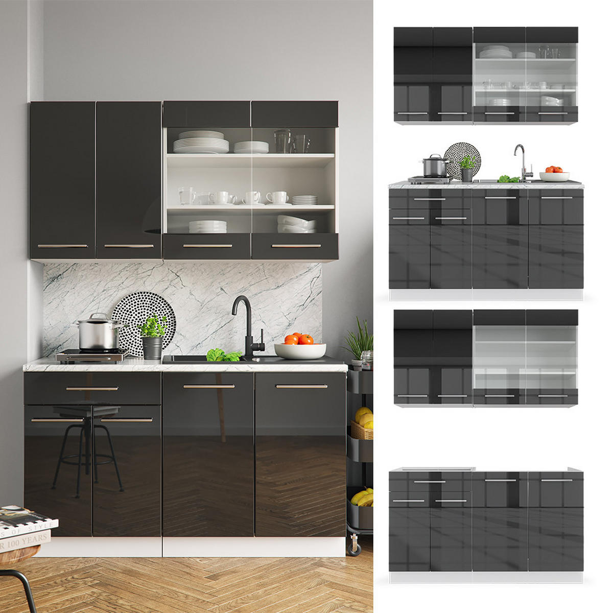 SINGLEKÜCHE Fame-Line Anthrazit Hochglanz/Weiß 140 cm, AP Anthrazit - Anthrazit/Weiß, Holzwerkstoff (140/81.6/60cm) - Vicco