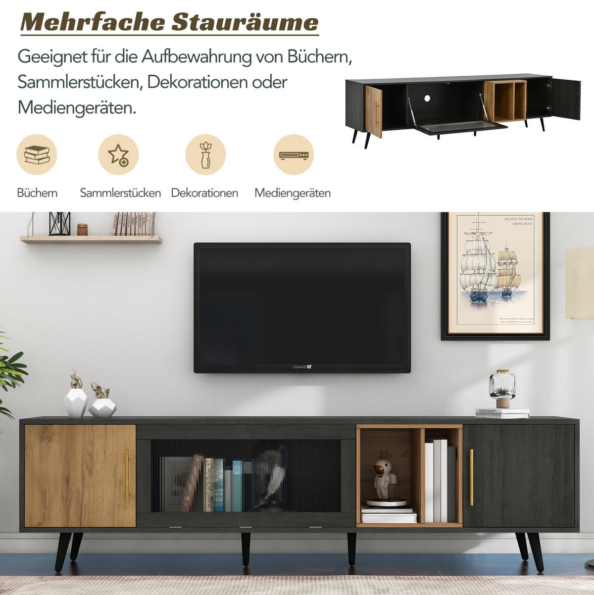 TV-SCHRANK aus MDF 200x40x55,5 cm Grau/Braun mit Kabelmanagement und Changhong-Glastür - Grau, Holzwerkstoff (200/55.5/40cm) - Modfu