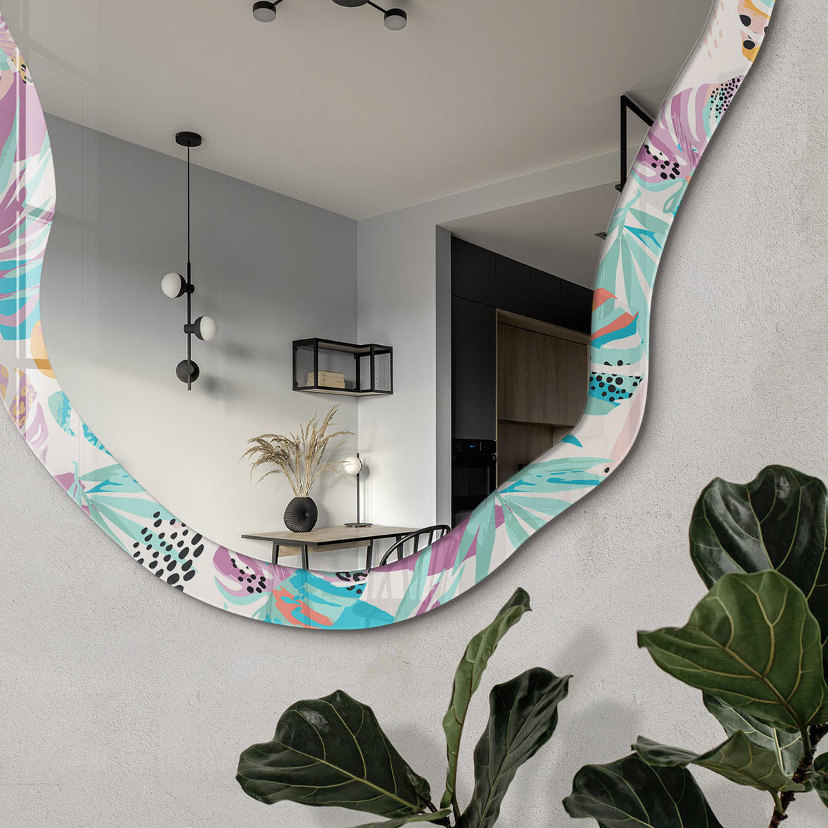 SPIEGEL 90x45 cm asymmetrisch mit Druck - Tropisches Muster - Transparent, Glas (45/90/0.4cm) - TULUP